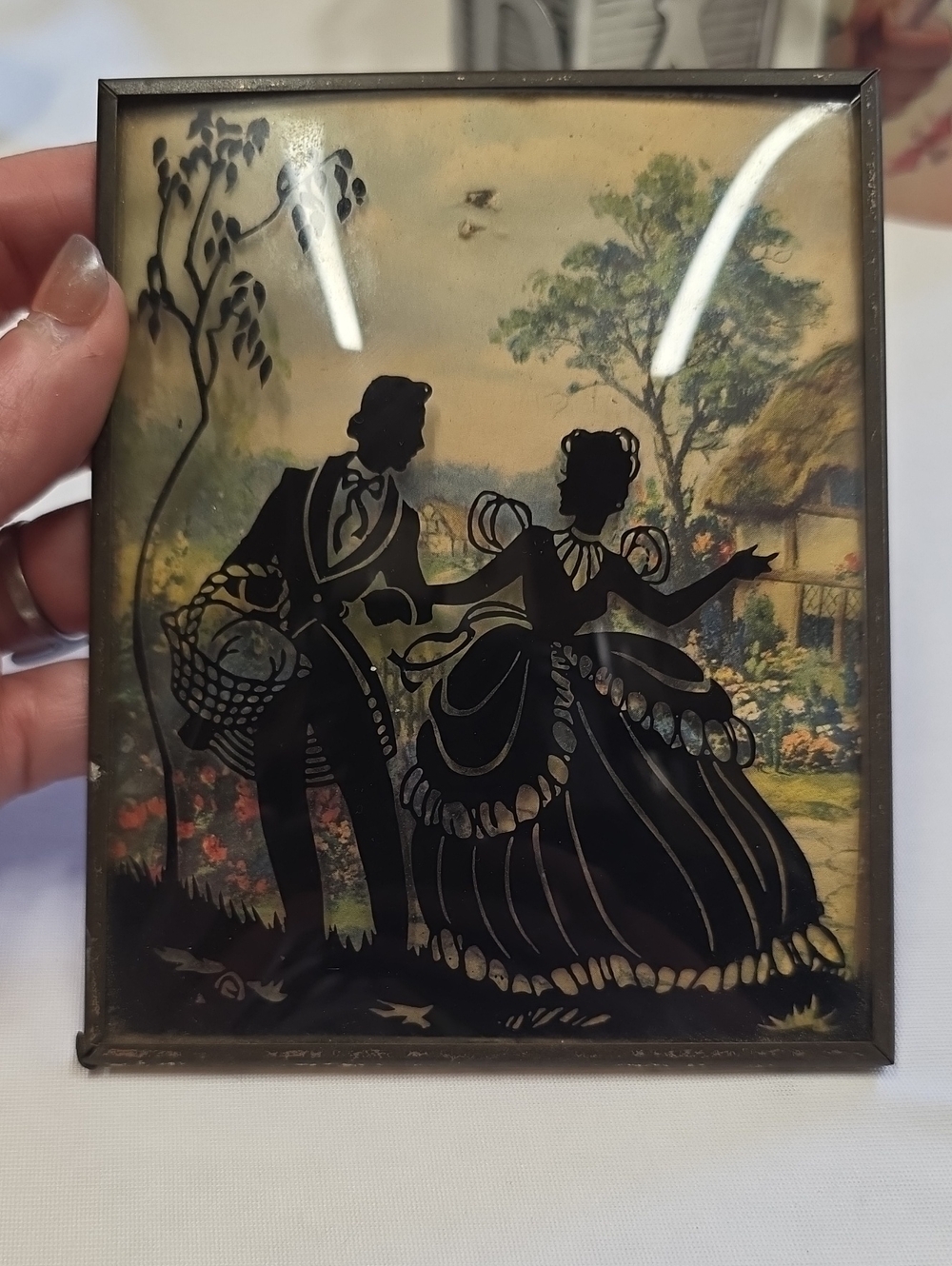 Vintage Reverse-painted Convex Glass "Courting Couple" Silhouette Picture